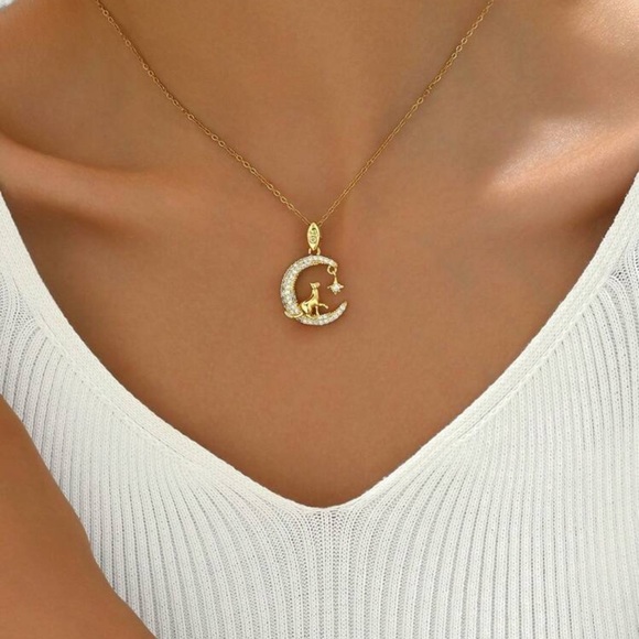 18k Gold Plated Cat and Moon Necklace, Crescent Moon and Cat Necklace - Picture 4 of 4